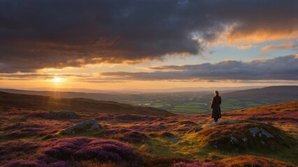 Fototapeta premium A solitary figure stands on a rocky hill, gazing at a vibrant sunset over a valley filled with heather