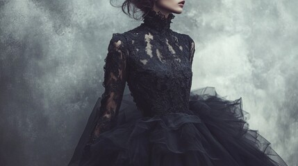 A dramatic gothic black lace dress with high collar and cascading layers of tulle dark and romantic atmosphere detailed embroidery and sheer elements solid grey background