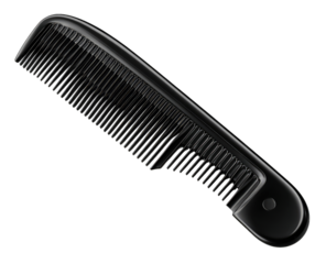 Black plastic hair comb, angled view