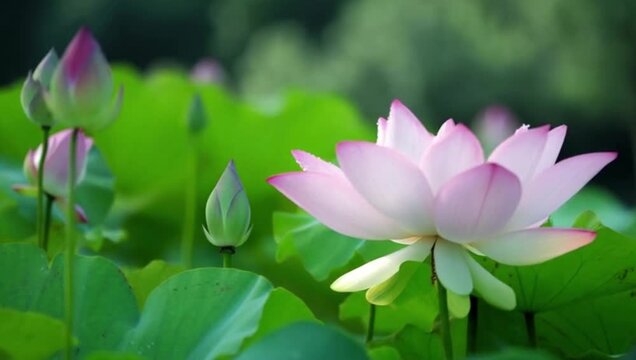 Pink lotus in bloom against green leaves &mdash; symbol of purity and spiritual harmony