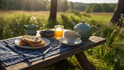 Serene outdoor breakfast scene featuring toast with blueberries, tea, and juice on a rustic table