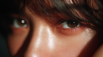 Expressive close-up of a young person's eyes highlighting emotion and depth in a dimly lit setting