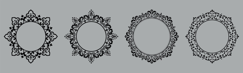 Set of decorative frames Elegant vector element for design in Eastern style, place for text. Floral black and gray borders. Lace illustration for invitations and greeting cards