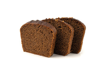 Black rye bread isolated, dark brown sliced loaf, sourdough borodinsky rugbrod square slices