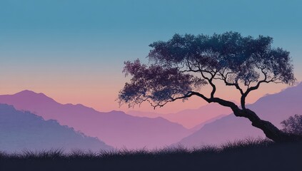 Obraz premium Silhouetted tree against a pastel mountain range at dawn