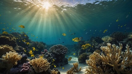 Naklejka premium Underwater scene showcasing vibrant coral reefs and diverse fish species illuminated by sunlight (1)