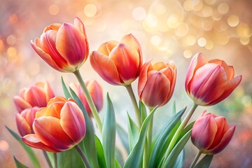 Fototapeta premium A vibrant bouquet of orange and pink tulips with green leaves against a soft, bokeh background