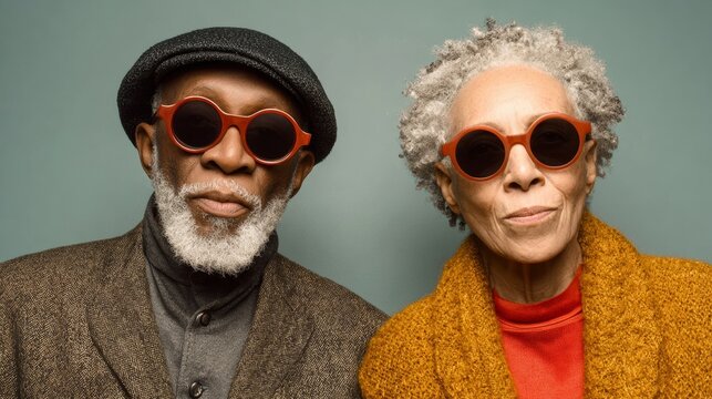 A man and a woman wearing sunglasses and a yellow jacket. The man is wearing a black hat