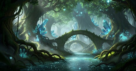 Naklejka premium Enchanted Forest River Mystical Crystal Bridge Landscape