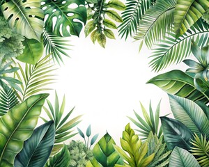 Watercolor tropical jungle leaf border with lush green foliage, isolated on white background