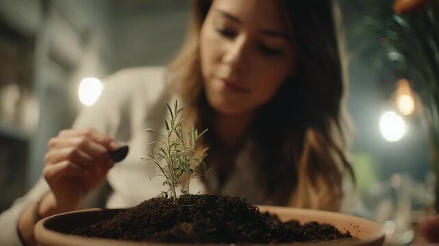 A person plants a small rosemary sprig into a soil-filled terracotta pot.