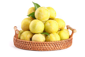 Fresh Hainan Mangoes in Wicker Basket on White Background - Tropical Fruit Collection