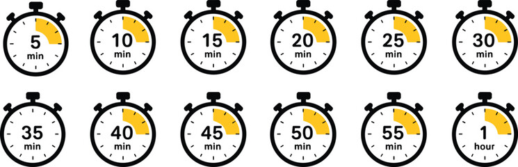 Stopwatch and timer icon set showing countdown intervals from 5 minutes to 1 hour, stopwatch countdown clock collection