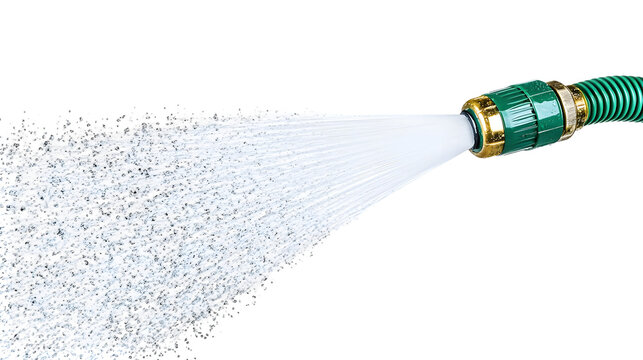 Green garden hose spraying a high pressure stream of water creating isolated on a transparent background