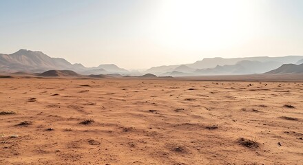 Vast Desert Landscape Under a Hazy Horizon With Distant Mountains and Sandy Terrain