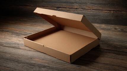 Open cardboard pizza box on rustic wood