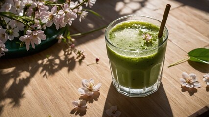 Refreshing green smoothie in a glass with cherry blossoms on a wooden table, sunlight streaming in