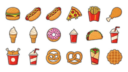 Fast Food Color Icons Vector Set | Emoji Illustration of Burger, Pizza, Fries and Snack Collection