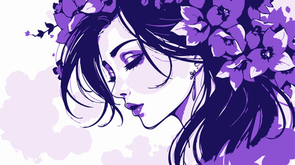 Color sketchnote style, vivid purples, high contrast. Dreamlike atmosphere, ethereal quality, graceful and elegant features beautiful woman, female portrait, calm