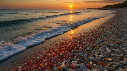 Scenic sunset over a tranquil beach with colorful seashells scattered along the shoreline