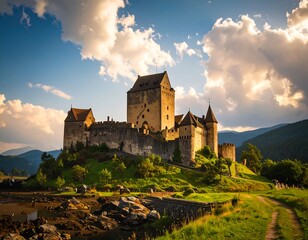 Majestic medieval castle atop a grassy hill bathed in golden sunlight