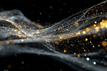 Abstract swirling particles, gold and silver, on black background