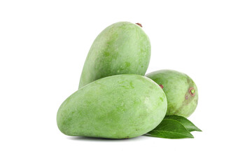 Fresh Green Hainan Mangoes Raw Tropical Fruit Isolated on White Background