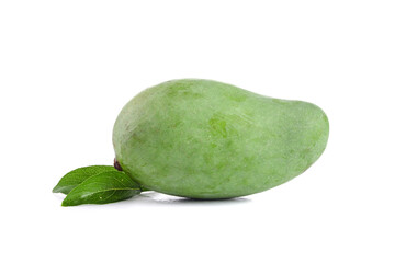 Fresh Green Mango with Leaf on White Background - Hainan Tropical Fruit