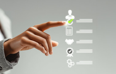 Close-up of hand pointing at virtual profile icon with check mark, representing candidate selection, recruitment process, human resources, job approval, and digital hiring technology. generative ai
