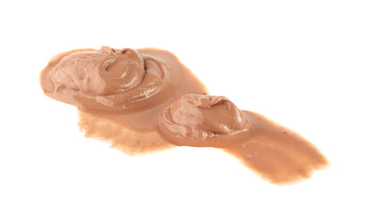 Melted chocolate ice cream isolated, real melting cocoa icecream drops, chocolate ice stain