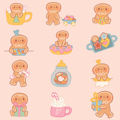 Vector set of kawaii gingerbread man with candies, cookies and gifts - cute Christmas illustration for stationary and stickers