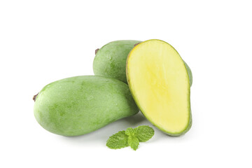 Fresh Green Hainan Mangoes with Yellow Flesh and Mint on White Background