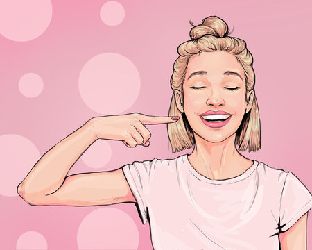 Dental dent health care ad concept picture. Smiling satisfied happy woman point index finger on opened mouth teeth.