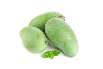 Fresh Green Raw Mangoes with Mint Leaves on White Background - Hainan Tropical Fruit