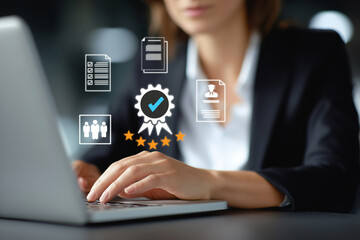 Businesswoman using laptop with virtual quality assurance and document verification icons, representing digital certification, performance review, and employee evaluation system. generative ai