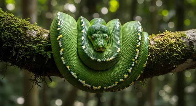 Vibrant green tree python snake coiled on a mossy jungle branch.