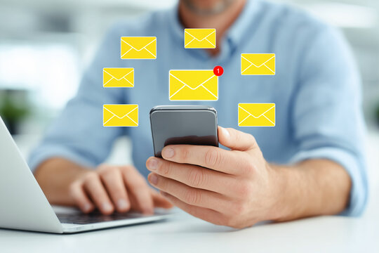 Man receiving new email notification on smartphone. Email alert concept with yellow envelope icons and red unread badge. Mobile communication, messaging, and inbox management. generative ai