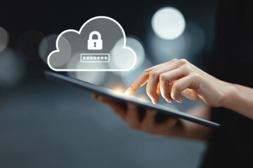 Cloud data security concept. User accessing secure cloud storage with password protection. Cybersecurity, privacy, cloud encryption, and secure data access via tablet. generative ai