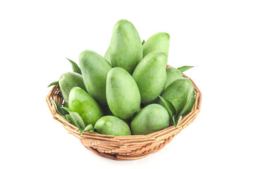Fresh Raw Green Mangoes in Wicker Basket on White Background