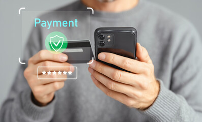 Man holding smartphone and credit card for secure online payment. Mobile banking, digital transaction, password input, cybersecurity, e-wallet, financial technology, safe checkout. generative ai