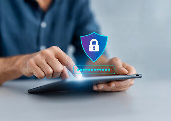 Cybersecurity and data protection concept. Man using tablet with shield lock icon and password field, symbolizing secure login, online privacy, and safe digital access.