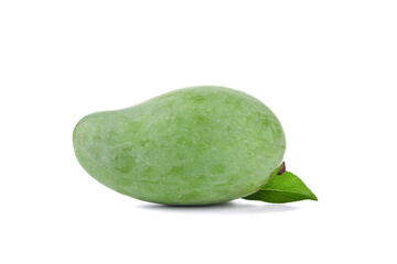 Raw Green Mango with Leaf from Hainan Isolated on White Background