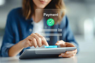 Woman making secure online payment via tablet with virtual form interface, representing digital transaction, e-commerce checkout, and mobile payment confirmation. generative ai