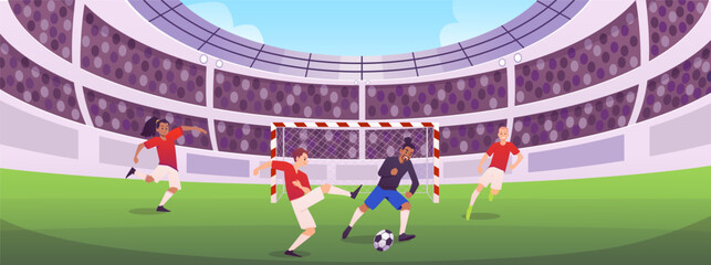 Football soccer players match at the stadium, athletes in uniform competition match, league workout arena football goal © sabelskaya