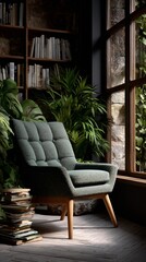 Cozy Reading Nook with Armchair Books and Plants.