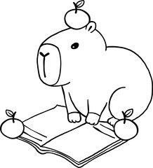 Obraz premium Cute Capybara Reading Book with oranges, Animal Bookish Outline Hand Drawn