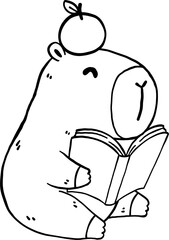 Cute Capybara Reading Book with Orange on Head, Happy Animal Bookish Outine Hand Drawn.