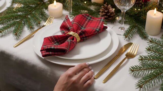Christmas Table Setting with Candles and Fir Branches as a Woman&rsquo;s Hand Reaches