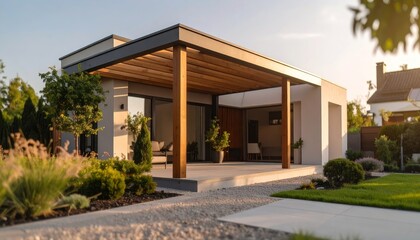 Wooden pergola covering the entrance of a modern house with beautiful garden