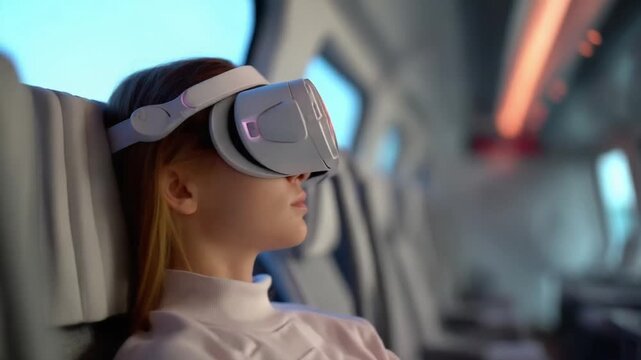 Person wearing a white virtual reality headset while seated on a bus.